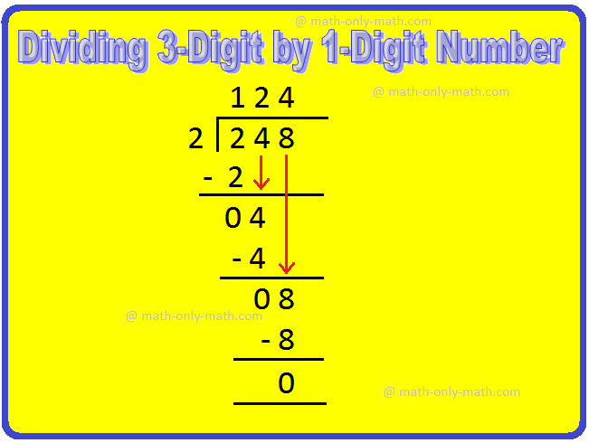 Dividing 3-Digit by 1-Digit Numbers are discussed here step-by-step.  How to divide 3-digit numbers by single-digit numbers?   Let us follow the examples to learn to divide 3-digit number by one-digit number. I: Dividing 3-digit Number by 1-Digit Number without Remainder: