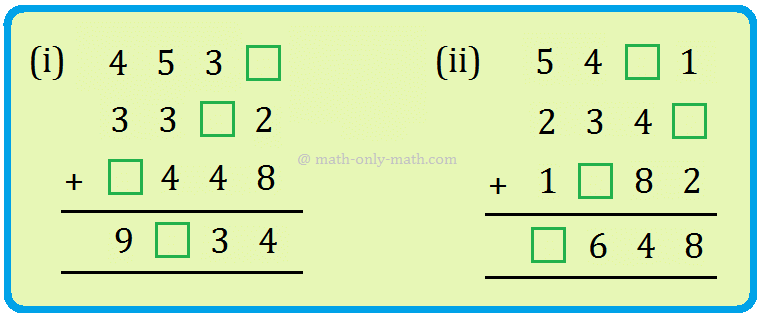 In worksheet on adding 4-digit numbers with regrouping we will solve the addition of 4-digit numbers with regrouping or with carrying, 4-digit vertical addition, arrange in columns and add and missing numbers in 4-digit addition.