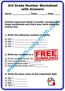 3rd Grade Number Worksheet with Answers