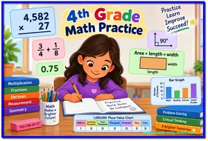 4th grade math practice with multiplication, fractions, decimals, geometry, measurement, and place value