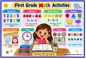 First grade math activities for numbers, addition, subtraction, shapes, measurement, time and money