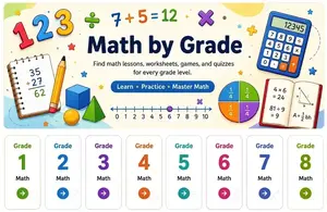 Math by grade 1–8 with lessons, worksheets, games, and quizzes