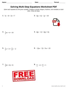 Solving Multi-Step Equations Worksheet PDF