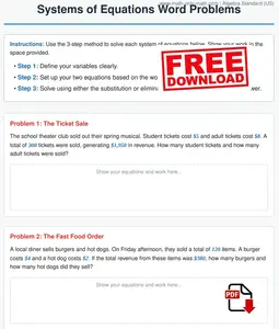 Systems of Equations Word Problems Worksheet