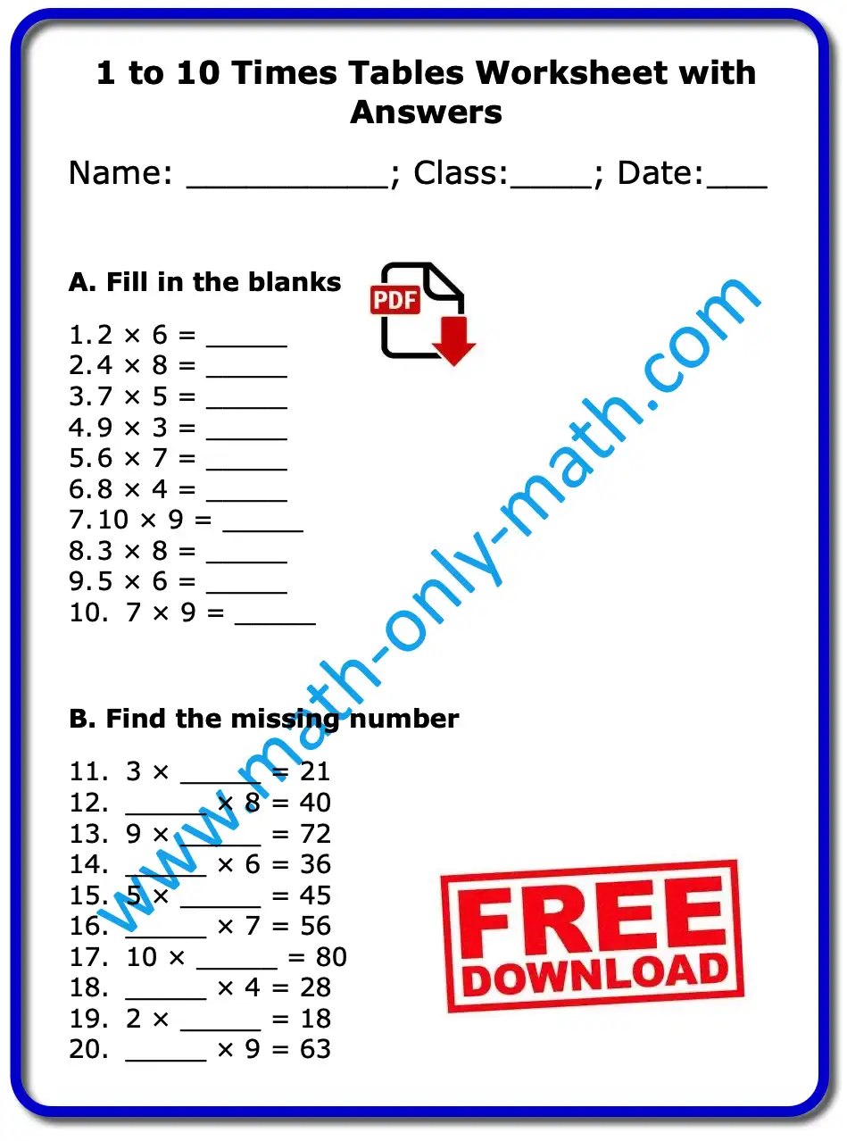 1 to 10 Times Tables Worksheet with Answers