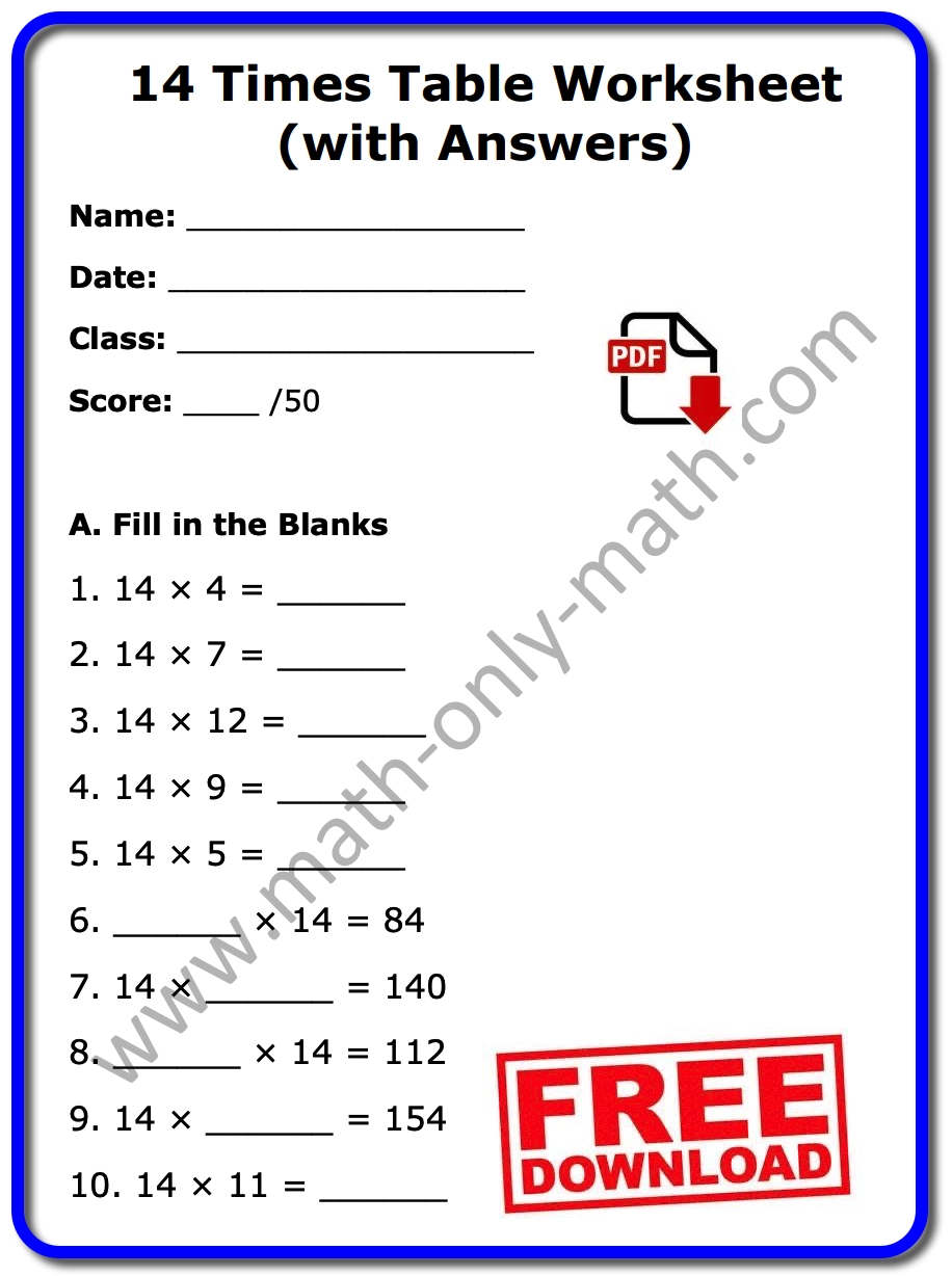 14 Times Table Worksheet