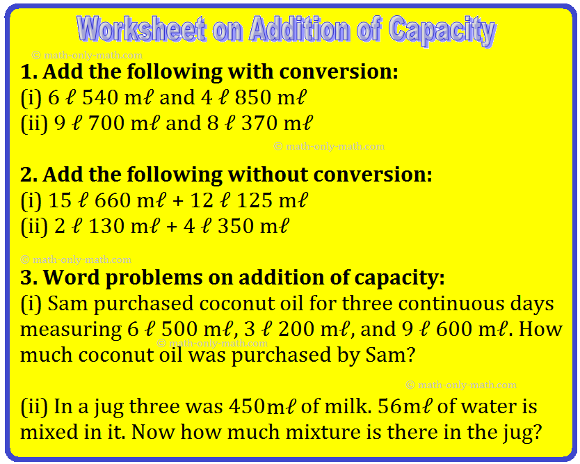 sample division problem solving Worksheet on Addition of Capacity