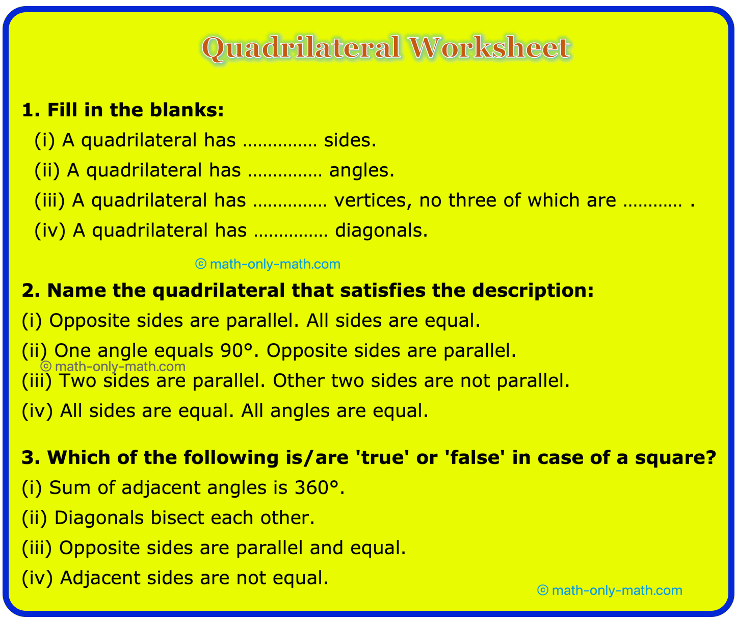 quadratic equation problem solving Quadrilateral Worksheet