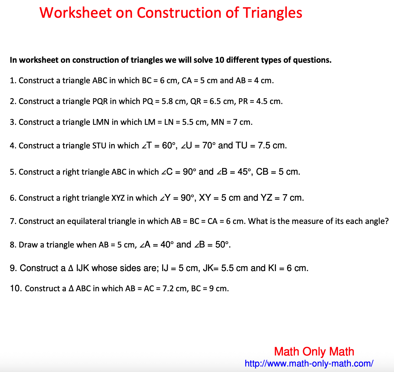 Worksheet on Construction of Triangles