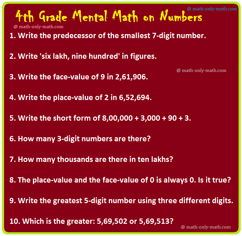 4th Grade Mental Math on Numbers