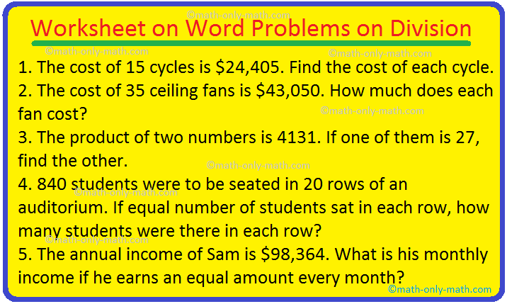 Worksheet on Word Problems on Division