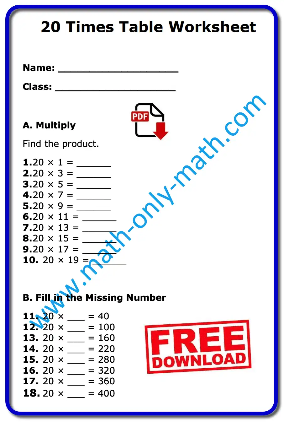 20 times table worksheet with answers