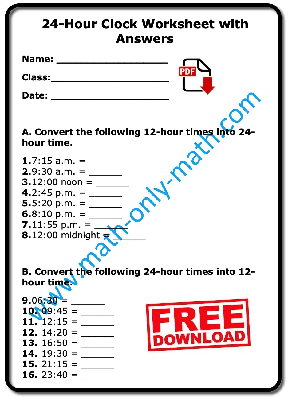 24-Hour Clock Worksheet with Answers