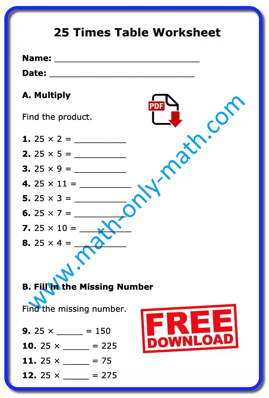 25 Times Table Worksheet with multiplication and missing number practice