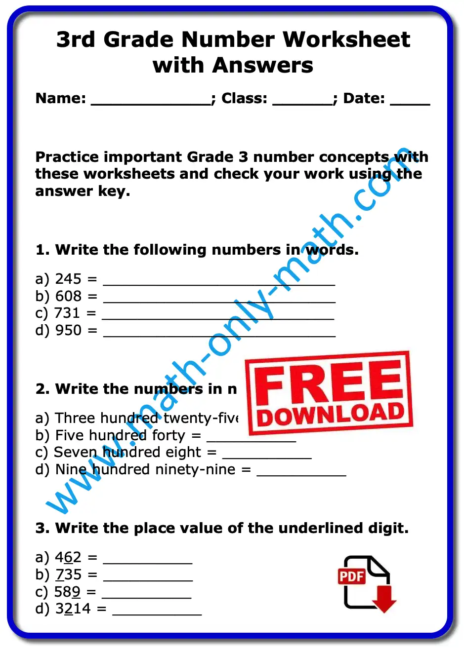 3rd grade place value printable worksheet PDF
