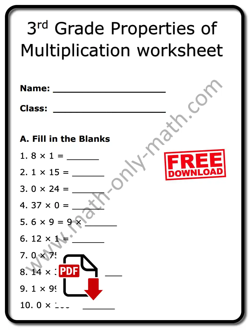 3rd Grade Properties of Multiplication worksheet