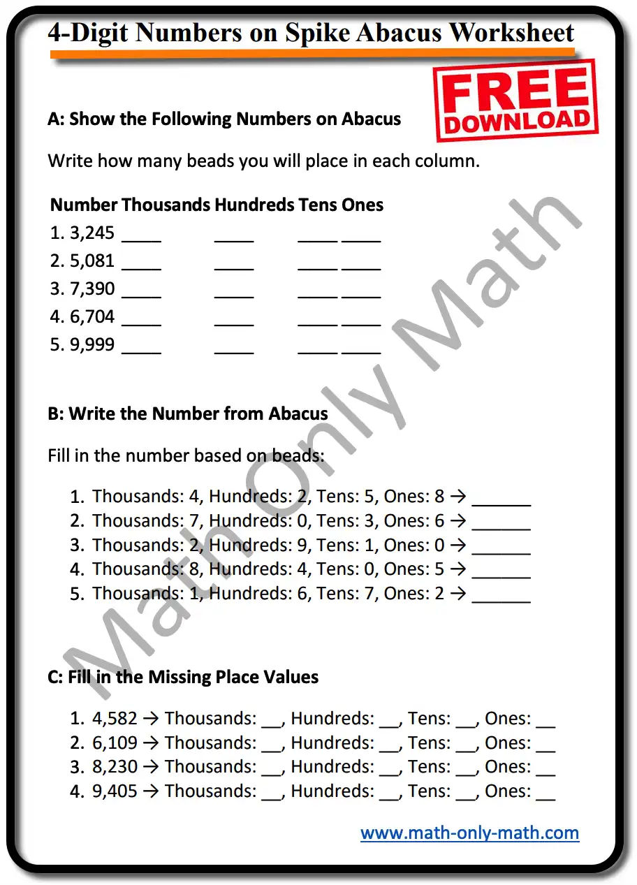 4-Digit Abacus Worksheet for Class 3/4