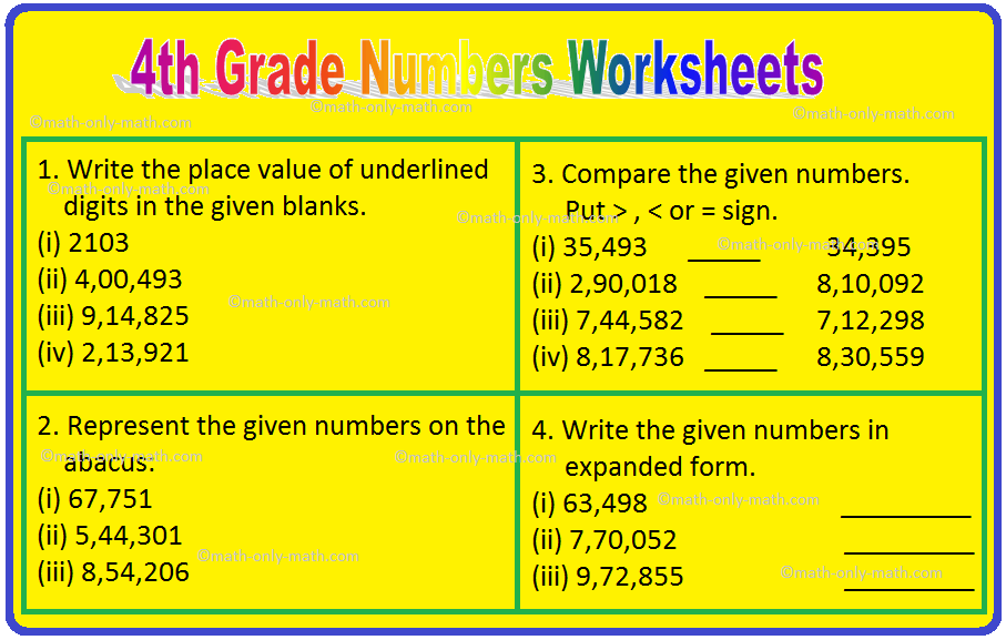 In 5th Grade Numbers Worksheets, we will figure out how to read and write large numbers, how to use a place value chart to write a number in expanded form, how to represent large numbers on an abacus, write a number in standard format, compare and organize a number with another number.  numbers