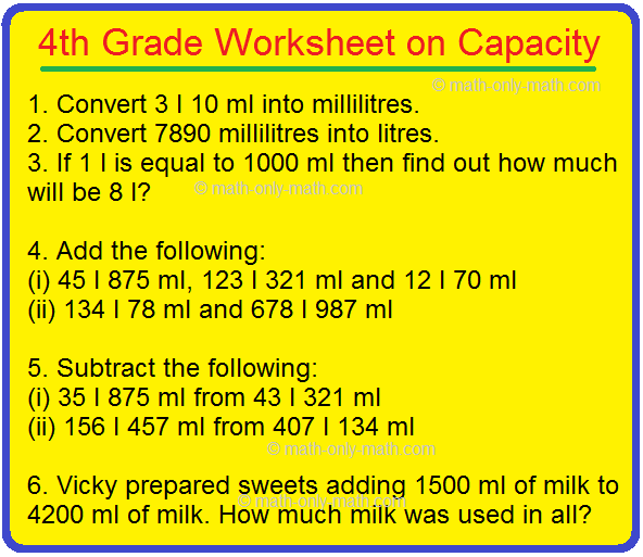 4th Grade Worksheet on Capacity