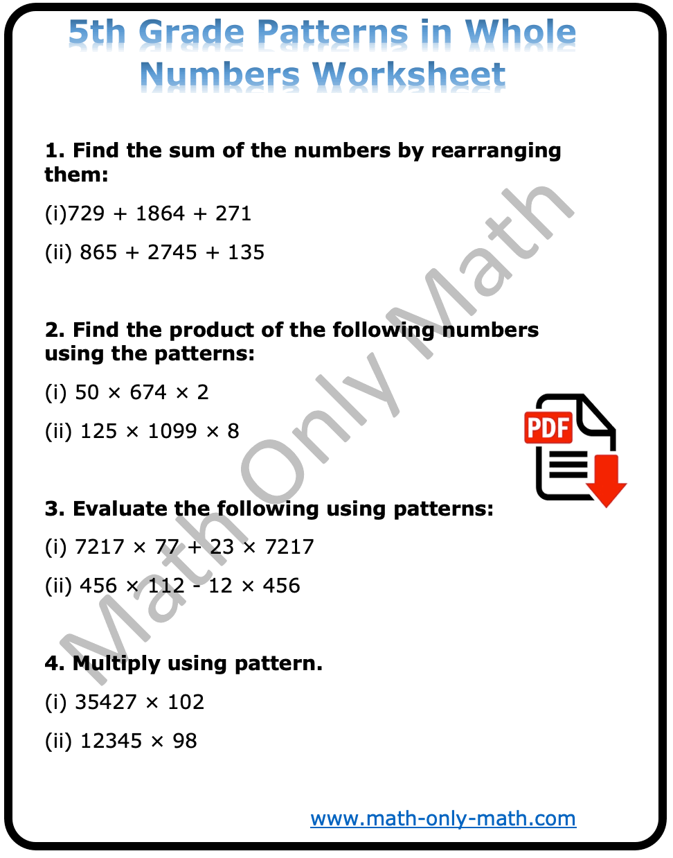 5th Grade Patterns in Whole Numbers Worksheet PDF