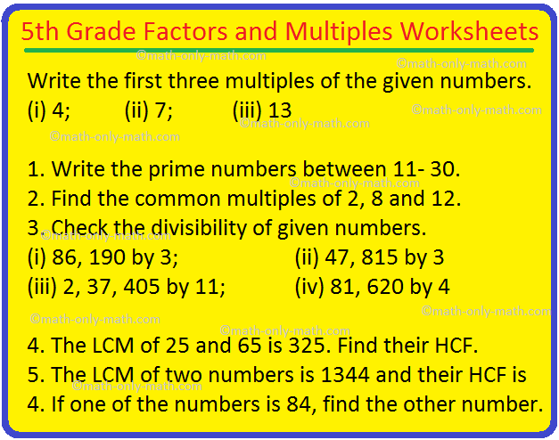 5th Grade Factors and Multiples Worksheets L C M H C F Answers