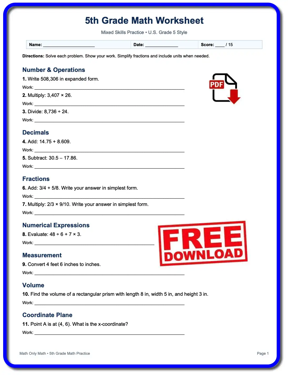5th Grade Math Worksheet โ Free Download PDF 5th Grade Math Worksheet with mixed skills practice and free PDF download