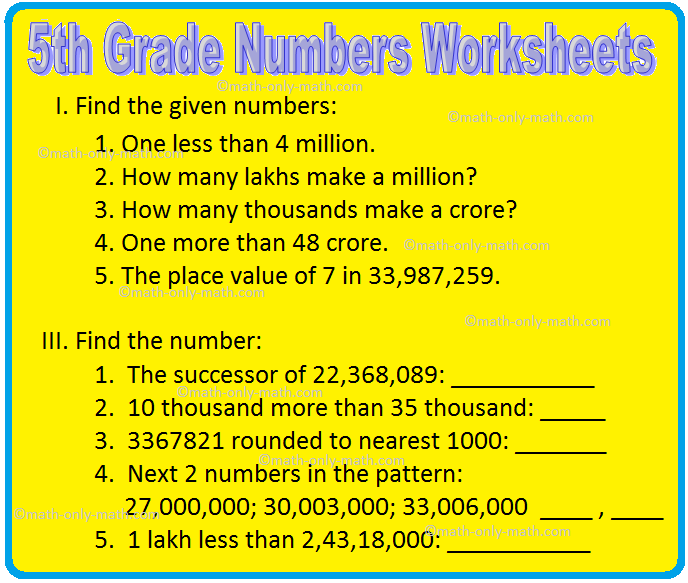 In 5th Grade Numbers Worksheets we will solve how to read and write large numbers, use of place value chart to write a number in expanded form, compare with another number and arrange numbers in ascending and descending order. The greatest possible number formed using each