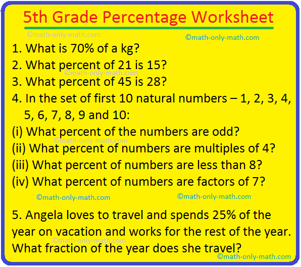 In 5th grade percentage worksheet, students can practice the questions on percentage. The questions are based on convert percentages to fractions, convert percentages to decimals, convert fractions to percentages, convert decimals to percentages, find the percentage of