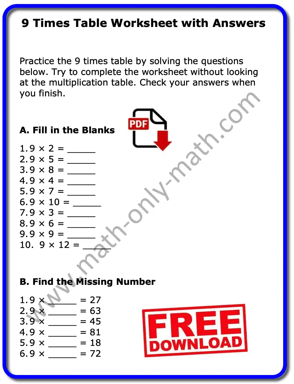 9 Times Table Worksheet with Answers