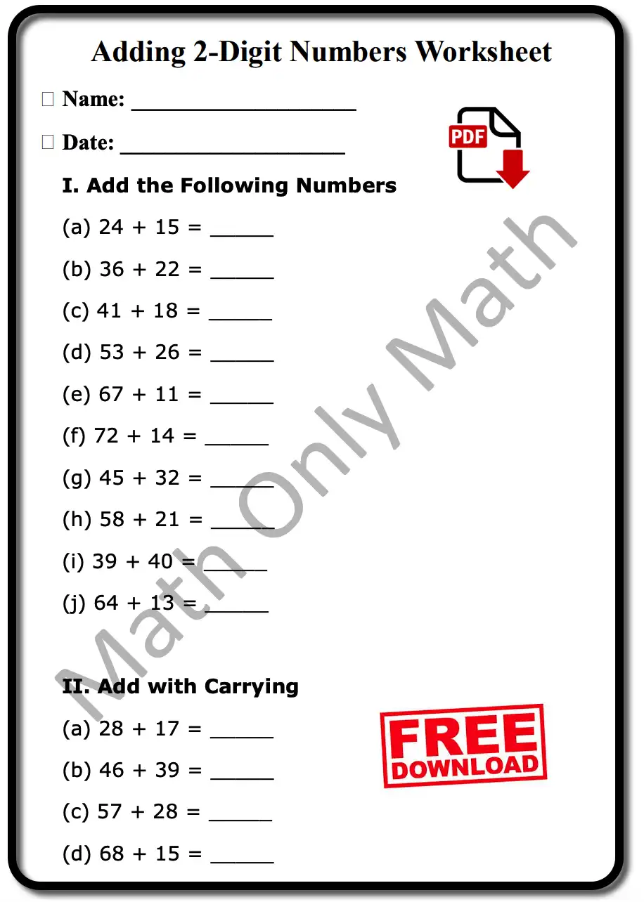 Adding 2-Digit Numbers Worksheet