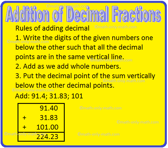 Addition of decimal numbers are similar to addition of whole numbers. We convert them to like decimals and place the numbers vertically one below the other in such a way that the decimal point lies exactly on the vertical line. Add as usual as we learnt in the case of whole