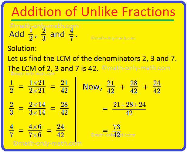 To add unlike fractions, we first convert them into like fractions. In order to make a common denominator we find the LCM of all different denominators of the given fractions and then make them equivalent fractions with a common denominator.