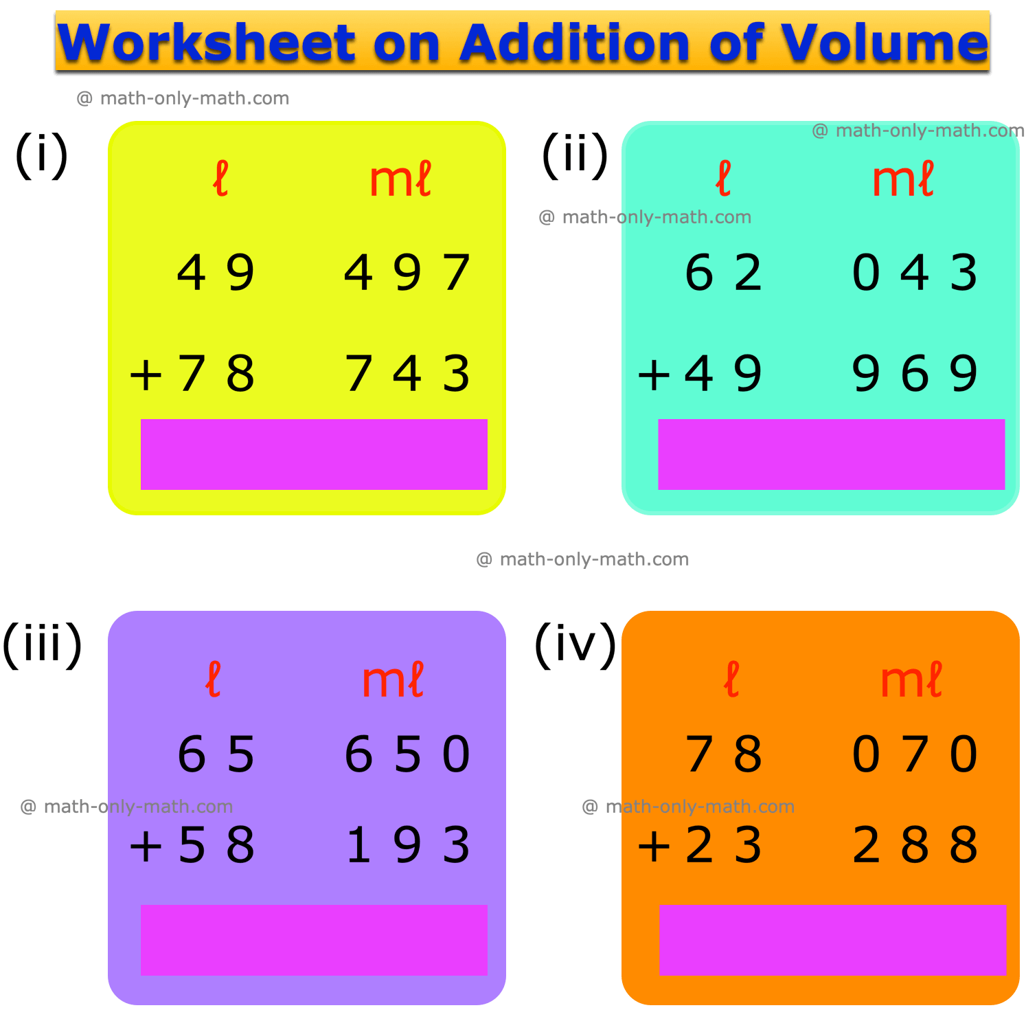 Practice the third grade math worksheet on addition of capacity. This sheet provides different types of questions where you need to arrange the values of capacity under different columns of litres and