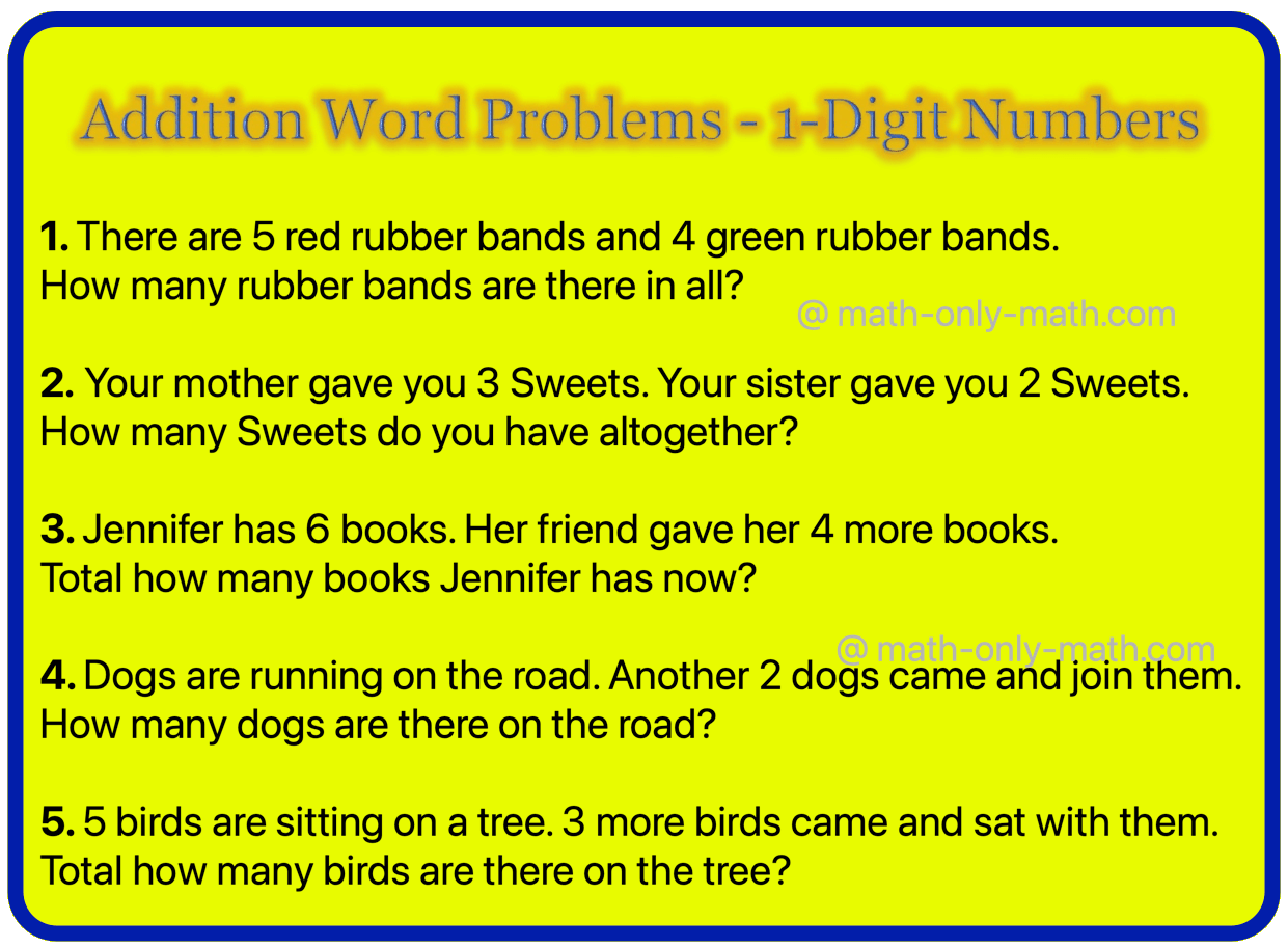 Math basic concept on addition word problems - 1-digit numbers for the first grade. To understand the word problems with different digits combinations read the question carefully and follow the 