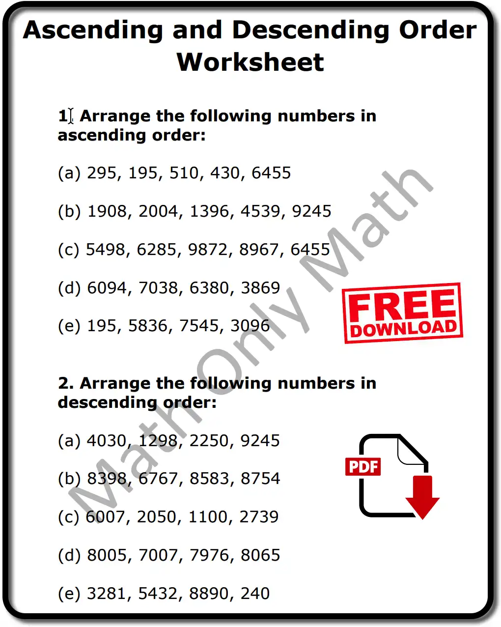 Ascending and Descending Order Worksheet