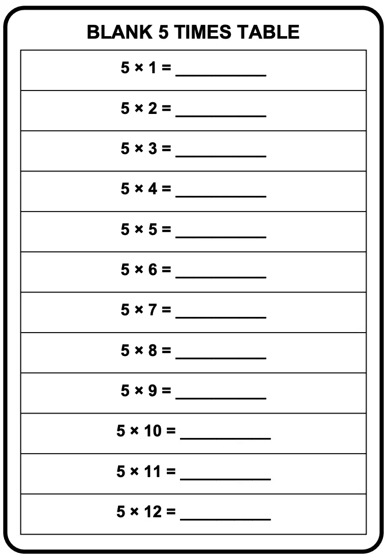 Blank 5 times table worksheet showing multiplication problems from 5 × 1 to 5 × 12, with large bold black text, blank answer lines, horizontal row dividers, and a rounded black border on a white background.