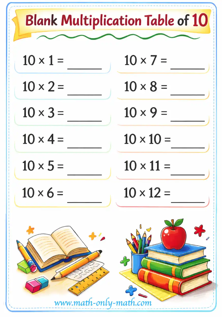 Blank Multiplication Table of 10 Blank Multiplication Table of 10