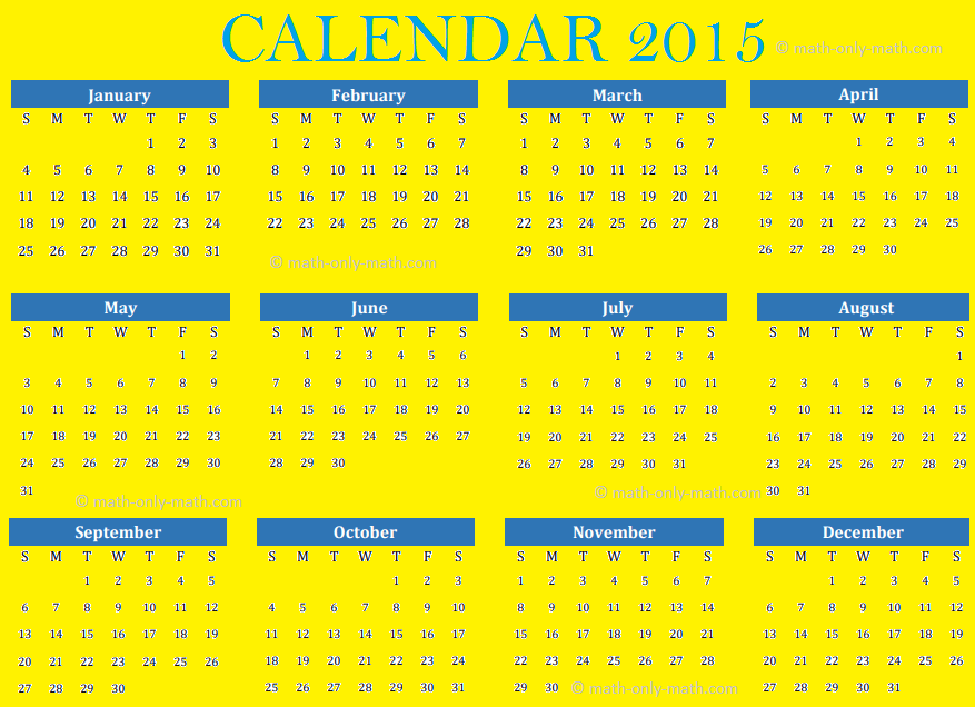 Calendar for the Year 2015