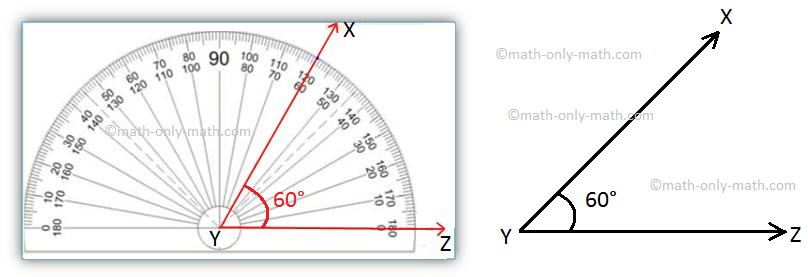 We will learn how to construction of an angle using a protractor. Let us draw an angle whose measure is 60°. Use a ruler to draw YZ. Now, place the protractor over YZ such that the baseline of the protractor coincides with YZ and midpoint of the baseline coincides with point