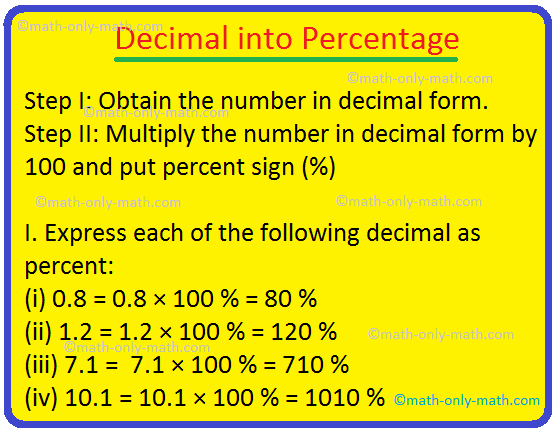 How to convert a decimal into percentage?  We will follow the following steps for converting a decimal into a percentage:  Step I: Obtain the number in decimal form.  Step II: Multiply the number in decimal form by 100 and put percent sign (%)