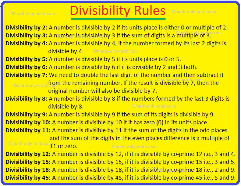 To find out factors of larger numbers quickly, we perform divisibility test. There are certain rules to check divisibility of numbers. Divisibility tests of a given number by any of the number 2, 3, 4, 5, 6, 7, 8, 9, 10 can be perform simply by examining the digits of the