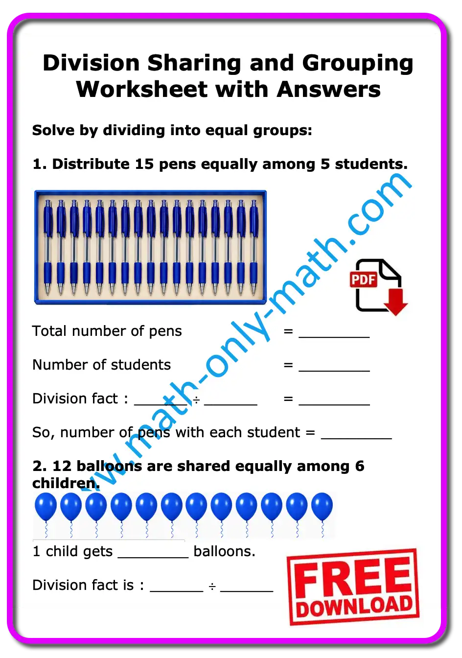 Division Sharing and Grouping Worksheet with Answers