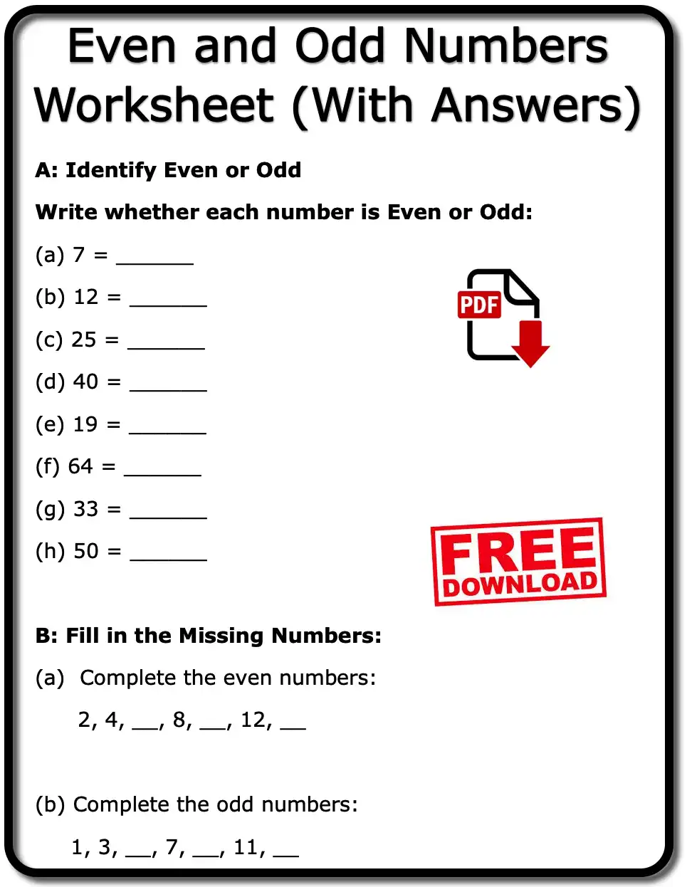 Odd and Even Numbers Worksheet