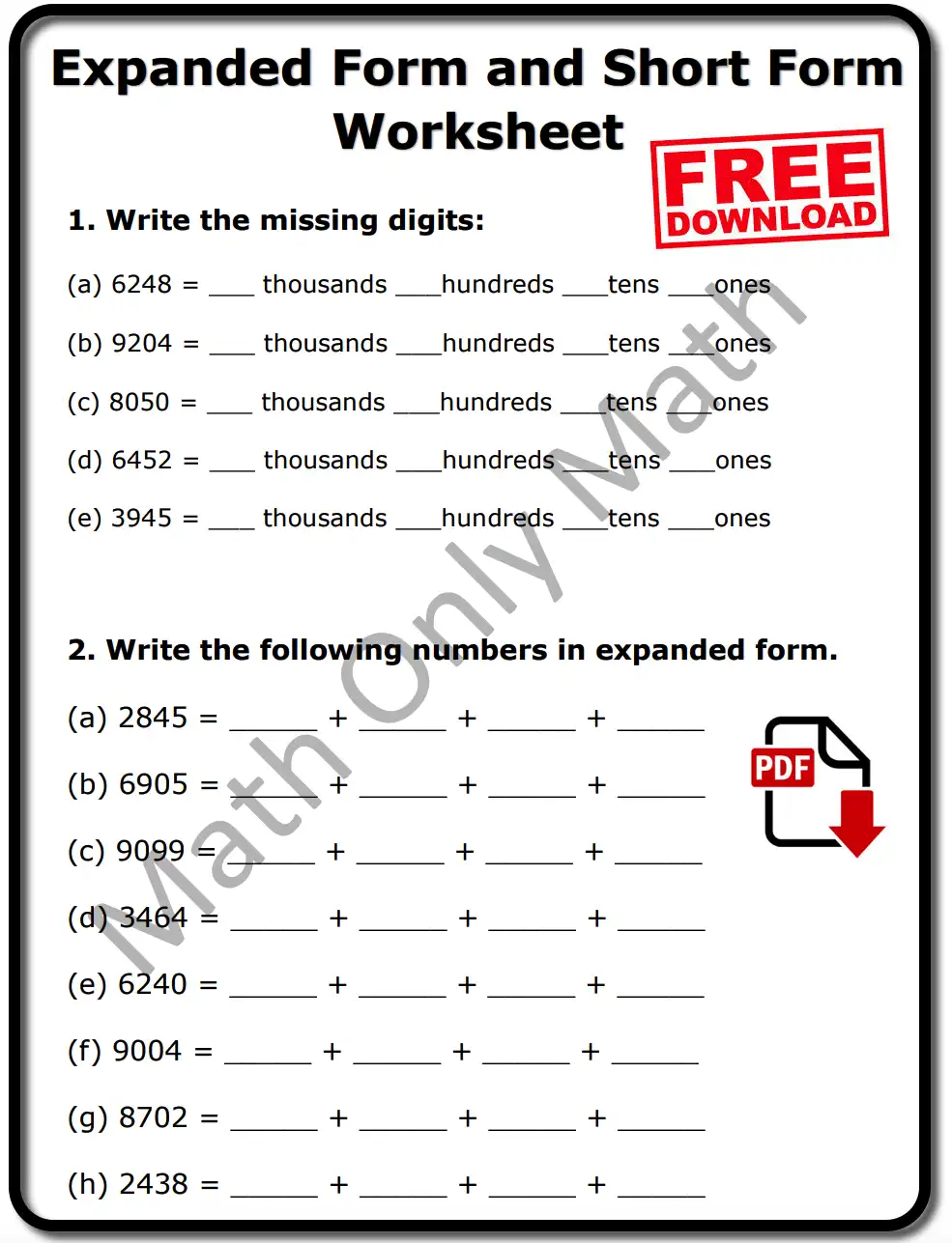 Expanded Form and Short Form Worksheet