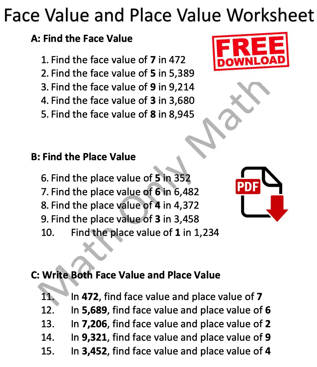 Face Value and Place Value Worksheet