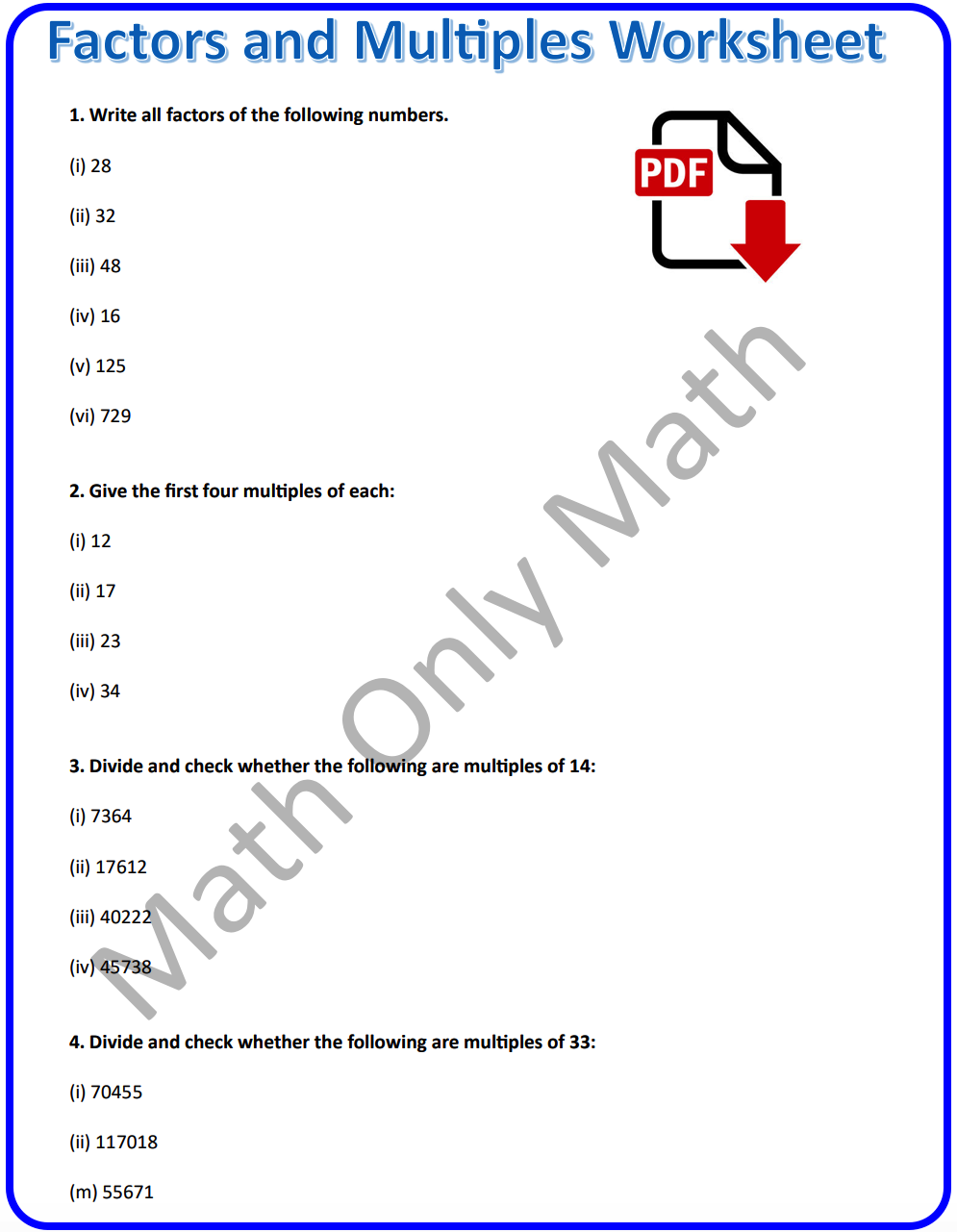 Factors and Multiples Worksheet PDF