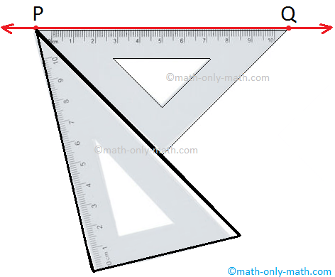 To draw a line segment through a point T, parallel to line PQ. There are two set-squares in your geometry box. Take one of the set-square and place its edge along PQ as shown in the figure 1. Place the other set-square along the first set-square as shown in the figure 2.