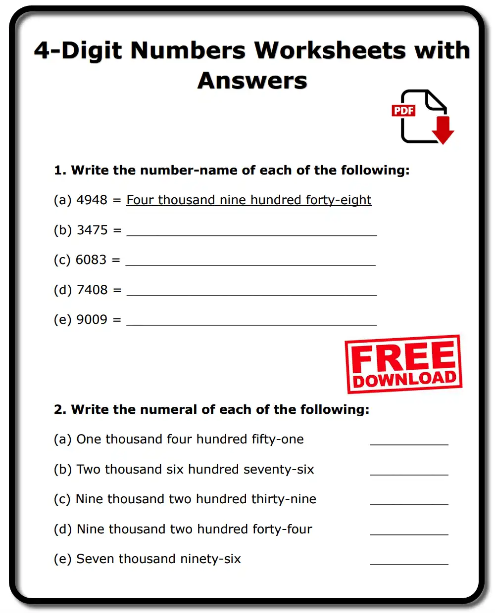 4-Digit Numbers Worksheet