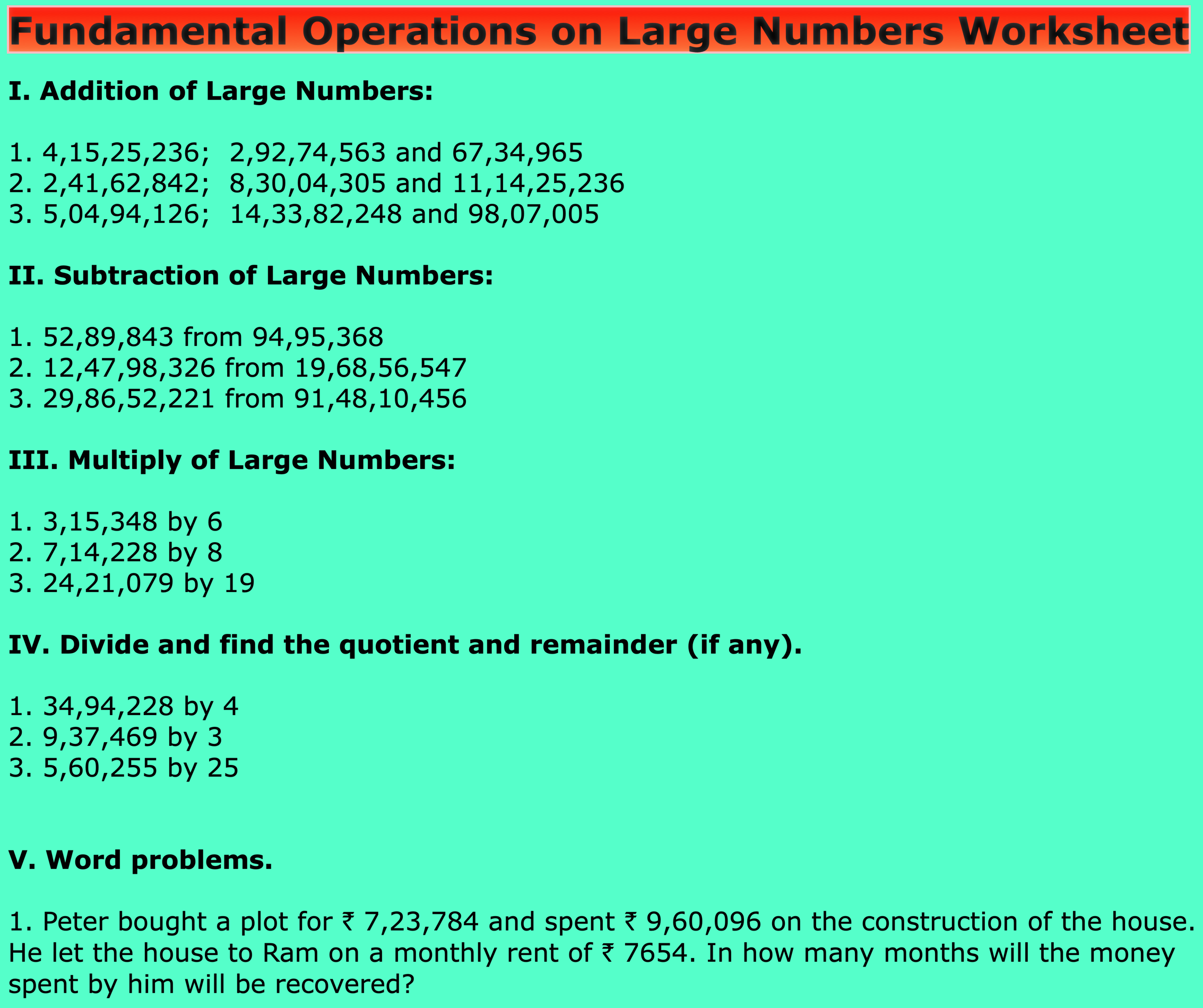 fundamental operations on large numbers worksheet