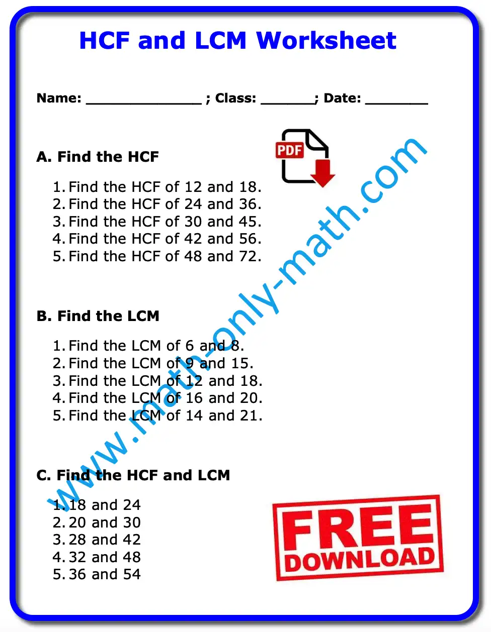 Grade 5 Highest Common Factor and Lowest Common Multiple practice problems with answers